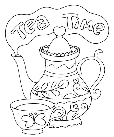 Vector tea time coloring page. doodle ke... | Premium Vector #Freepik #vector #tea-kettle #teapot #tea-mug #kettle Doodle Black And White, Tea Time Illustration, Tea Party Crafts, Adult Tea Party, Yogurt Drink, Cupcake Coloring Pages, Kids Tea Party, Coffee Cartoon, Peanut Butter Banana Smoothie