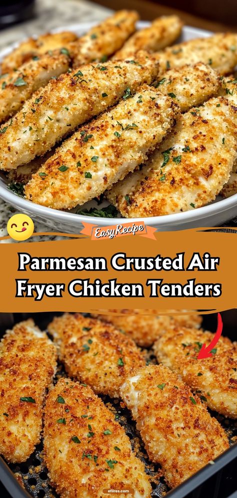 Parmesan Crusted Air Fryer Chicken Tenders offer a crispy, cheesy coating with juicy, tender meat inside. These chicken tenders are a healthier alternative to fried ones, perfect for a quick, delicious meal or snack. #AirFryerCooking #ParmesanChicken #HealthySnacks Air Fry Grilled Chicken Tenders, Air Fryer Parmesan Crusted Chicken Tenders, Dinner Ideas Air Fryer Chicken, Low Calorie Parmesan Crusted Chicken, Parmesan Chicken Tenders Air Fryer, Healthy Air Fryer Chicken Parmesan, Air Fry Raw Chicken, Breadcrumb Chicken Tenders, Air Fryer Parmesan Chicken Tenders