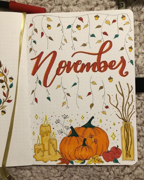 November monthly spread, pumpkins, candles, apples, acorns, and fall leaves Pumpkin Bullet Journal, Fall Bullet Journal Cover, November Monthly Spread, Fall Journal Ideas, Fall Bullet Journal, Fall Journal, Bullet Journal Cover, Fall Apples, Bullet Journal Themes