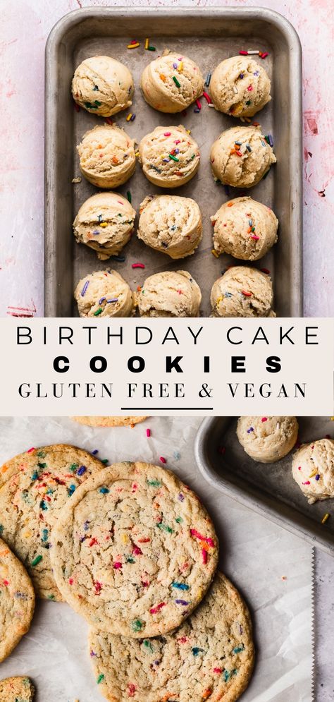 Cake Cookie Recipe, Soft Chewy Cookies, Birthday Cake Cookies, Smoothies Vegan, Vegan Birthday, Vegan Birthday Cake, Vegan Baking Recipes, Cookies Gluten Free, Cookie Cake Birthday