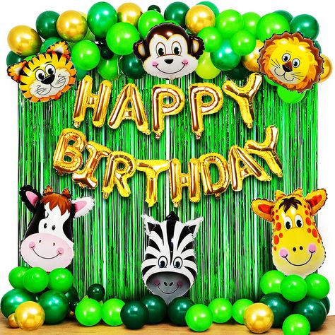 Birthday Decoration Items, Jungle Theme Decorations, Jungle Theme Birthday Party, Animal Themed Birthday Party, Happy Birthday Foil Balloons, Animal Theme Birthday, Happy Balloons, Safari Animals Birthday, Baby Birthday Decorations