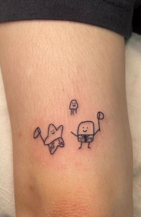 Small Spongebob Tattoos. Silly Bestie Tattoos, Matching Tattoos With Your Best Friend, The Next Right Thing Tattoo, Silly Tattoos Matching, Best Friend Tattoos Silly, Crazy Friend Tattoos, 3 Way Tattoo, Small Goofy Tattoo, Matching Smiley Face Tattoos