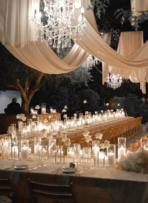 Wedding Aisle Between Tables, Candle Aesthetic Wedding, Tall Floor Candles Wedding, Candles Decoration Wedding, Romantic Wedding Candle Decor, Romantic Luxury Wedding, Intimate Evening Wedding, White And Candle Wedding, Wedluxe Wedding Decor