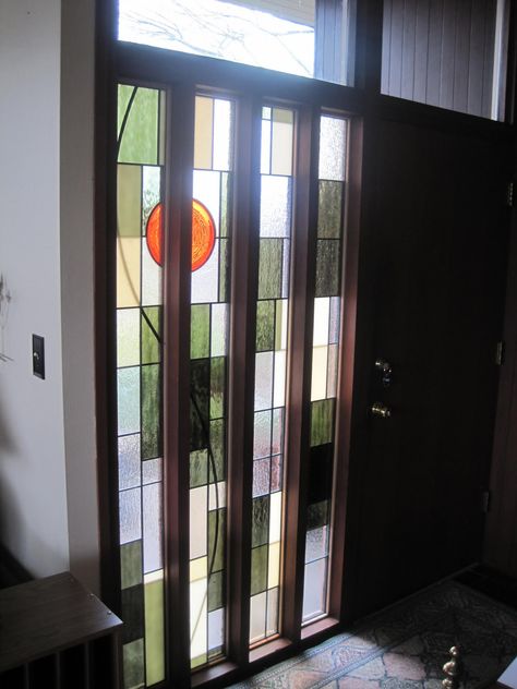 Reflections: Mid Century Style Modern Window Film, Midcentury Modern Front Door, Stained Glass Modern, Modern Stained Glass Panels, Glass Entrance Doors, Atomic Ranch, Mid Century Modern Curtains, Window Stained, Modernist House