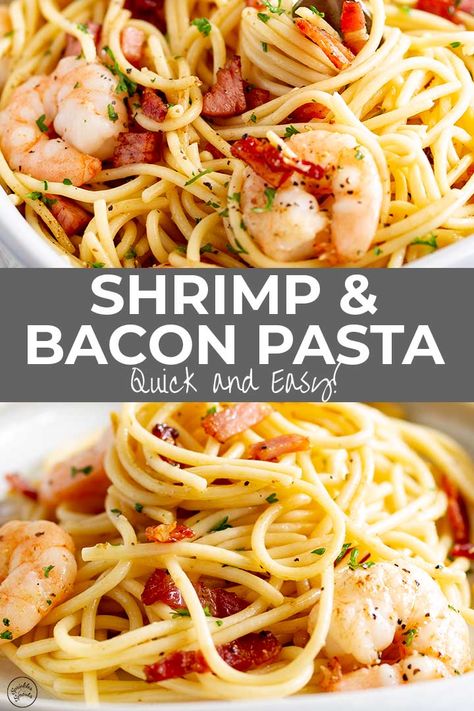 This Easy Shrimp and Bacon Pasta Recipe is absolutely delicious! It is perfect for an easy dinner with friends but quick enough for a busy weeknight meal! This pasta is a crowd-pleaser! It tastes like something you would get in a family run Italian restaurant, but you can make it at home in under 25 minutes! With just a handful of ingredients that most people have in the fridge and freezer, you can quickly and easily whip up this shrimp pasta for dinner! Shrimp And Bacon Recipes, Shrimp And Bacon Pasta, Bacon Shrimp Recipes, Cajun Chicken And Shrimp Pasta, Cajun Chicken And Shrimp, Shrimp And Bacon, Kielbasa Recipe, Bacon Shrimp, Bacon Pasta Recipes