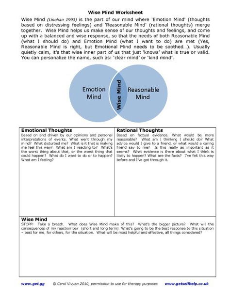 Dbt wise mind worksheet Wise Mind Dbt, Dbt Therapy, Cbt Worksheets, Wise Mind, Dbt Skills, Motivational Interviewing, Dialectical Behavior Therapy, Mental Health Therapy, Mental Health Counseling