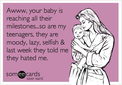 Awww, your baby is reaching all their milestones...so are my teenagers, they are moody, lazy, selfish & last week they told me they hated me. Mother In Law Quotes, Law Quotes, Funny Mom, Quotes About Moving On, Parenting Humor, Life Humor, Ecards Funny, Funny Love, Mom Quotes