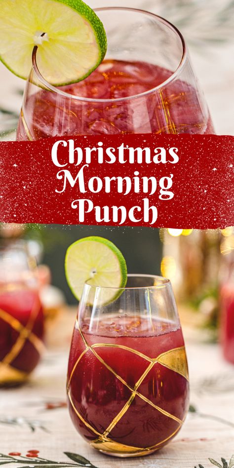 The top photo is a close up of the Christmas morning Punch cocktail with a lime garnish. The drink is red in color and the glass has ice in it. Underneath is white text on a sparkly red background that says "Christmas Morning Punch". At the bottom is another photo of the Christmas cocktail, and there is another drink in the background. They are in stemless wine glasses on a Christmas tablecloth. Christmas Morning Cocktails, Christmas Morning Punch, Christmas Morning Brunch, Morning Cocktail, Cranberry Drinks, Morning Brunch, Christmas Morning Breakfast, Easy Cocktail, Beverage Recipes