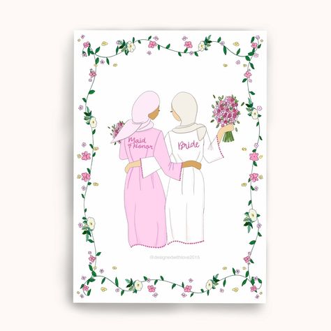 Nikkah Illustration Art, Muslim Wedding Card, Muslim Wedding Caricature, Muslim Bride And Groom Cartoon, Bride And Maid Of Honor Illustration, Bride Cartoon, Eid Mubarak Greeting Cards, Friend Painting, Bride Sister