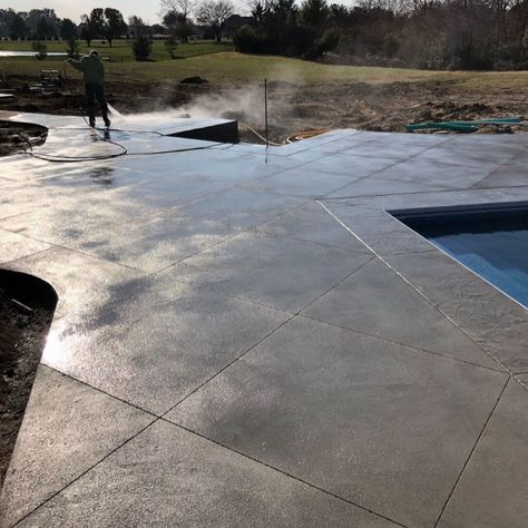 Aggregate Concrete Pool Deck, Scored Concrete Pool Deck, Cantilevered Concrete Pool Coping, Pool Concrete Ideas, Concrete Around Pool Ideas, Brushed Concrete Pool Deck, Concrete Pool Deck Ideas, Concrete Refinishing, Deck Cooler