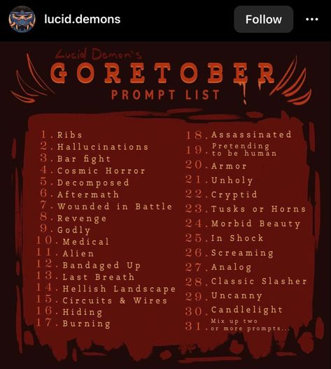 October Drawing Challenge Gore, Inktober Alternative List 2024, Goreoctober Challenge, October Writing Challenge, September Drawing Prompts, Horror Art Prompts, October Art Challenge 2024, October Drawing Challenge 2023, October Art Challenge