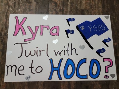 This is my son's half poster sign for his HOCO Proposal for his girlfriend who is in color guard. 😍 All made with supplies I had at home. Supplies used: half board board, pencil, thicker black sharpie, Crayola markers, blue felt, black pipe cleaner, hot glue gun, glitter fabric paint, and a silver paint marker. Colorgaurd Hoco Proposal, Color Guard Homecoming Proposal, Marching Band Hoco Posters, Color Guard Hoco Proposals, Hoco Proposals Ideas Colorguard, Color Guard Hoco Proposals Ideas, Colorguard Hoco Proposal, Marching Band Couples, Hoco Posters