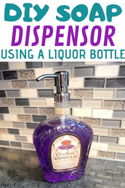 Whiskey Bottle Crafts, Diy Soap Dispenser, Old Liquor Bottles, Soap Dispenser Diy, Liquor Bottle Lights, Empty Liquor Bottles, Alcohol Bottle Crafts, Dispenser Diy, Crown Bottle