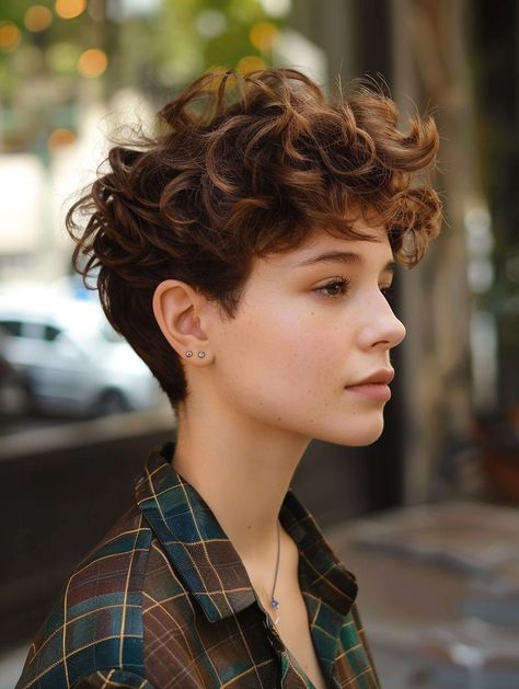 Stylish Short Curly Haircuts for All Face Shapes and Hair Types Messy Short Hair Curly, Undercut Pixie Haircut Curly, Short Curly Haircuts 2c, Short Curly Queer Haircut, Cute Short Hair For Round Face, Nonbinary Curly Hair, Asymmetrical Bob Curly Hair, Short Curly Haircuts Masc Women, Short Curly Hairstyles Round Face