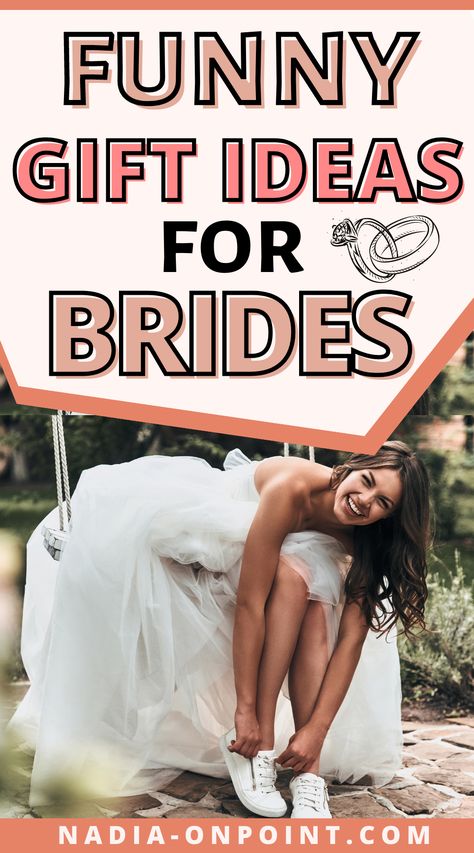 Gift Ideas for Women! Here are some funny gifts for the bride. gag gifts for bride to be funny | fun bridal shower gifts for bride funny | funny gifts for bride bachelorette parties | funny engagement gifts the bride | funny gifts for bride and groom | funny wedding gifts for bride | funny bride to be gifts. #bride #GiftIdeas #FunnyGifts Funny Bride Gifts Basket, Bridal Countdown Gifts, Gift Ideas For A Bride To Be, Gag Wedding Gifts, Bridal Shower Gifts For Sister In Law, Bachorlette Gifts For Bride Ideas, Sister In Law Bridal Shower Gift, Fun Bridal Shower Gifts For Bride, Cute Gifts For Bride