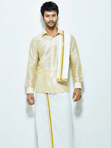 Superior cream color raw silk shirt comes with white color cotton dhoti and angavastram. Item Code : SCU12002-3 http://www.bharatplaza.com/new-arrivals/south-indian-mens-wear.html Veshti Sattai Men, Indian Wedding Outfits For Men Classy, Tamil Groom, Indian Wedding Outfits For Men, Pear Shaped Dresses, Pajama Men, Onam Outfits, Ethenic Wear, Indian Groom Dress