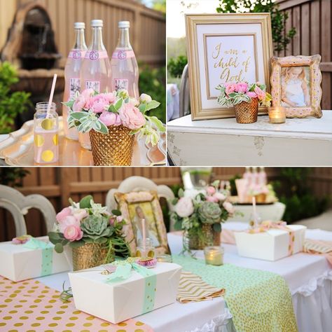 Whimsical Baptism Party For Little Girl Backyard Baptism Party, Baptism Reception, Baptism Themes, Backyard Celebration, Christening Decorations, Pink Peppermint, Christening Ideas, Mint And Gold, Picnic Style