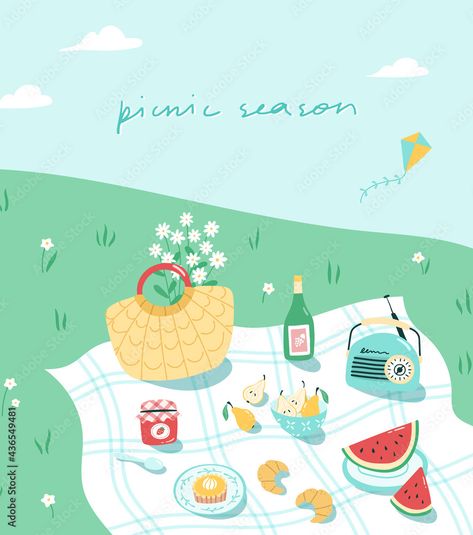 Picnic Cartoon Drawing, Summer Picnic Illustration, Picnic Blanket Illustration, Cute Picnic Drawing, Picnic Illustration Drawings, April Illustration, Picnic Cartoon, Picnic Drawing, Picnic Illustration