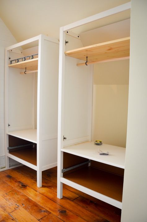 One last IKEA hack – Under New Management Billy Bookcase Wardrobe Hack, Ikea Wardrobe Hack, Ikea Nordli, Ikea Billy Bookcase Hack, Small Bedroom Storage, Ikea Wardrobe, Ikea Closet, Closet Hacks, No Closet Solutions