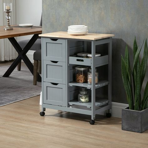 This HOMCOM kitchen storage cabinet is what you need if you have limited space in your home and not even storage. Serving Kitchen, Bamboo Countertop, Cart Bar, Organiser Cucina, Mobile Kitchen Island, Bar Serving Cart, Rolling Kitchen Cart, Rolling Bar Cart, Slatted Shelves