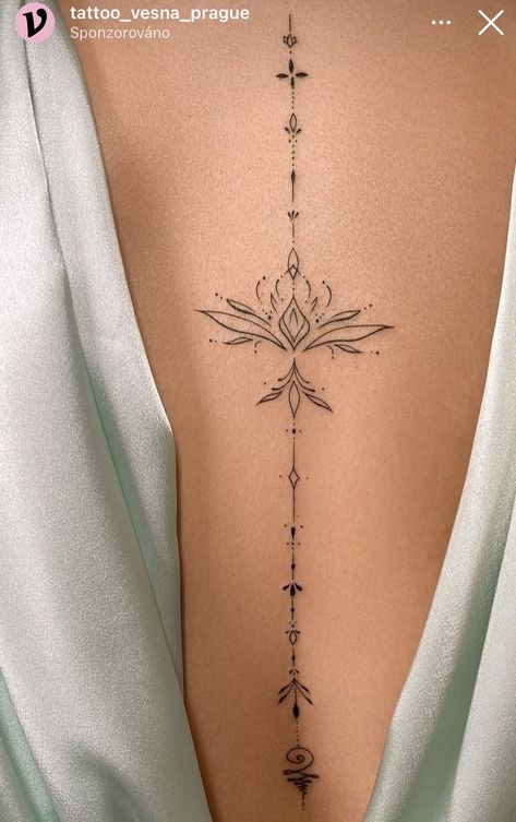 Minimalistic Back Tattoo Women, Feminine Spine Tattoos For Women, Girl Back Tattoos Spine, Back Women Tattoo, Christian Spine Tattoo, Vertical Tattoo Ideas, Lotus Flower Spine Tattoo, Delicate Spine Tattoo, Minimal Spine Tattoo