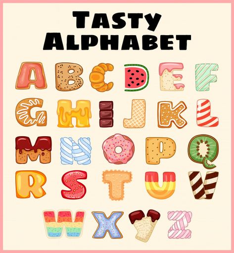 Set of tasty alphabet. delicious, sweet, like donuts, glazed, chocolate, yummy, tasty, shaped alphabet font letters. Premium Vector Cute Fonts Alphabet, Alfabet Font, Typography Alphabet, Alphabet A, Hand Lettering Art, Alphabet Clipart, Hand Lettering Alphabet, Lettering Alphabet Fonts, Creative Lettering