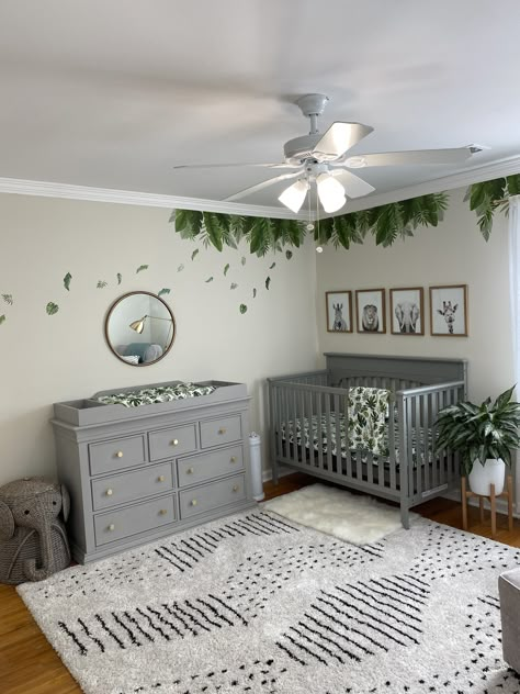 Nursery Ideas Greenery, Unisex Safari Nursery, Grey Themed Nursery, Safari Jungle Nursery, Nursery With Grey Furniture, Grey Crib Nursery Boy, Animal Theme Nursery Boy, Zoo Nursery Ideas, Grey Furniture Nursery