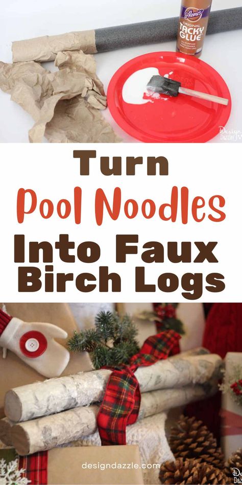 Pool Noodle Birch Logs, Pool Noodle Holiday Decor, Ornaments Cricut Diy, Diy Faux Birch Logs, Pool Noodle Ideas Christmas, Decorating With Birch Logs, Diy Birch Logs, Christmas Decorating Diy, Faux Birch Logs Diy