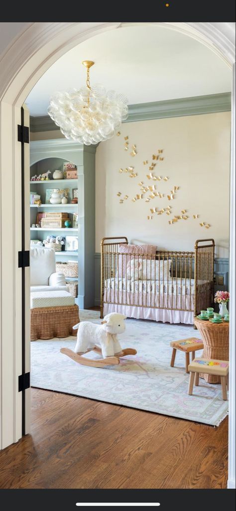 Pastel Nursery, Baby Room Themes, Whimsical Nursery, Golden Butterfly, Kids Bedroom Inspiration, Large Chandelier, Nursery Room Design, Baby Room Inspiration, Bubble Chandelier