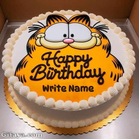 Add Your Name on Garfield’s Delicious Birthday Cake Garfield Birthday Cake Ideas, Snoopy Cakes Birthdays, Garfield Cake Ideas, Garfield Happy Birthday, Garfield Birthday Cake, Garfield Birthday Party, Garfield Party, Garfield Cake, Happy Birthday Written