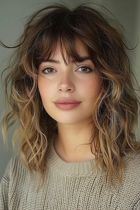 Must-Try Shag Haircuts and Hairstyles in 2024 Choppy Hair With Fringe, Balayage Shag Hair Long, Subtle Shag Haircut Medium, Whimsical Bangs, Wavy Shag Haircut Medium, Brunette Balayage Hair With Bangs, Wavy Shag With Bangs, Fringe Ideas, Voluminous Blowout