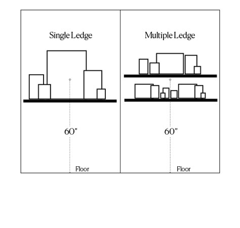 Ledges & Wall Shelves Keep the display at eye level, roughly 60" from the center of the grouping to the floor. For a single ledge display, start with one key piece that will be your focal point, and position it slightly off center. Layer additional pieces around your focal piece, varying size and spacing between them.  For a multiple ledge display, use smaller art pieces. Modern Picture Ledge Display, Ledge With Pictures, Picture Ledge Layout Bedroom, Picture Ledge Hallway Display, Picture Frames Shelf Display, Displaying Pictures On Shelves, Picture Ledge Next To Fireplace, How To Style Picture Ledge Shelves, Wall Art On Shelves Picture Ledge