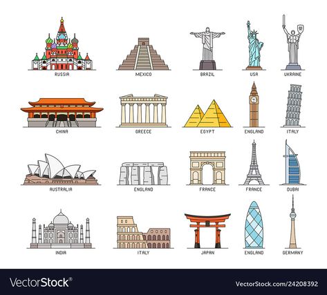 World Monuments, Country Facts, Famous Monuments, School Icon, City Icon, History Facts Interesting, Tourist Sites, Doodle Art Designs, Flat Icon