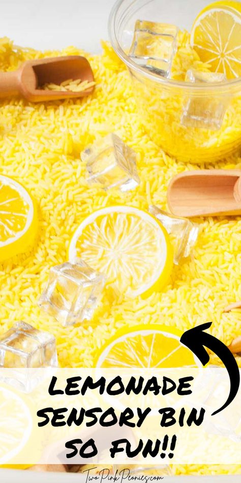 text that says Lemonade Sensory Bin behind it is a sensory bin made from dyed yellow rice with toy ice cubes and lemon slices in it. Lemonade Stand Sensory Bin, Ice Cream Sensory Bin For Toddlers, Fruit Themed Sensory Bin, June Sensory Bin Ideas, Summer Sensory Table Ideas For Preschool, Spring Rice Sensory Bin, End Of Year Sensory Bin, Fine Motor Summer Activities For Kids, Summer Theme Centers For Preschool