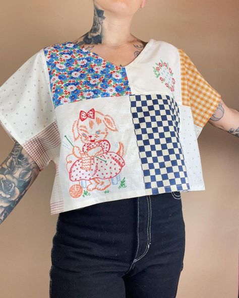 scrap shirt✨🪡 fits up to large shown on a small - will be for sale soon! i plan on making a handful of these. they take a long time but… | Instagram Scrap Shirt, Eco Dresses, Refashion Clothes, Boho Outfits, Sewing Projects, Take A, Take That, How To Plan, Sewing