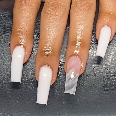 by rebartistrybeauty on Instagram: “classic white set with a marble feature nail 🤍” White Cloudy Nails, Clear And White Nails, Ombre Long Nails, Clear Ombre Nails, Cloudy Nails, Feature Nail, Tapered Square Nails, Ombre Acrylic Nails, Colored Acrylic Nails