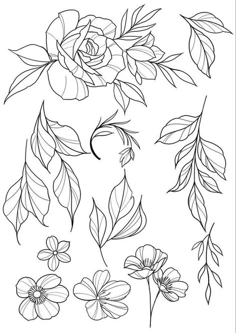 Linework Tattoo Practice, Leaf Stencil Tattoo, Japanese Floral Design Tattoo, Leaves Outline Tattoo, Flower Tattoo Sketch Ideas, Neotraditional Tattoo Linework, Flower Stencils Tattoo, Neo Traditional Flower Design, Tattoo Leaves Design