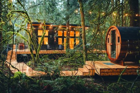 Cedar Hollow - Sauna/Cold Plunge + Hot Tub - Tiny houses for Rent in Monroe, Washington, United States - Airbnb Sauna In Greenhouse, In Ground Cold Plunge, Forest Sauna, Sauna Ideas, Cabin Hot Tub, Room Darkening Shades, Cedar Hot Tub, Hot Tubs Saunas, Tiny Houses For Rent