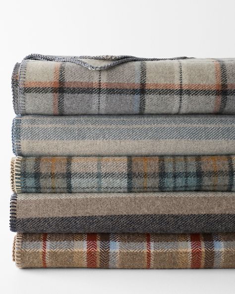 An ideal blanket for every season. Crafted by Pendleton in pure virgin Eco-Wise Wool that's naturally renewable and environmentally friendly — and machine-washable too. By Pendleton. 100% virgin Eco-Wise Wool. Made in Oregon. Blanket-stitched edges. Machine-washable, cold water, gentle cycle; line dry. USA. Eco Friendly Bedding, Mountain Interiors, Pendleton Blanket, Hunting Decor, Farmhouse Aesthetic, Ski House, Mountain Homes, Garnet Hill, Home Upgrades