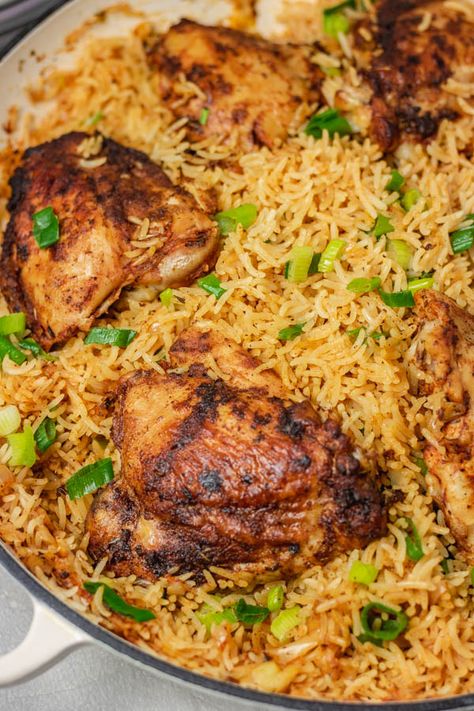 One Pot Chicken and Rice - The Dinner Bite Chicken Thigh And Rice Recipe, Cajun Chicken And Rice, One Pot Chicken And Rice, Basmati Rice Recipes, Chicken Breast Recipes Baked, Chicken Biryani, Chicken Thigh Recipes Baked, One Pot Chicken, Chicken And Rice