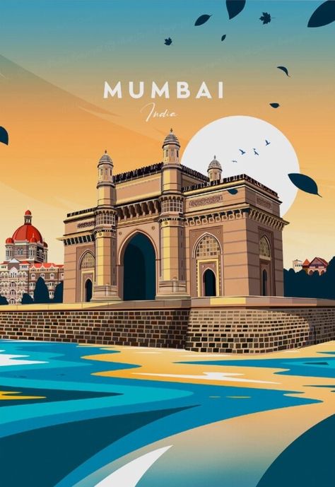 India Travel Posters, Indian Cities Illustration, Indian City Illustration, Mumbai Illustration Art, Mumbai City Illustration, Mumbai Illustration, Mumbai Poster, Gateway Of India, India Poster