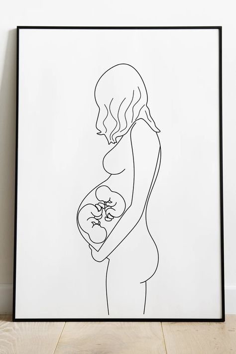 Etsy Wall Prints, Pregnant Women Drawing, Twins Art Drawing, Pregnant Woman Drawing, Twin Drawing, Pregnant Drawing, Pregnancy Line Art, Twins Illustration, Pregnant Woman Art