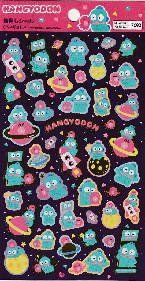 Hangyodon character blue fish and red octopus stickers with a space theme on a black background