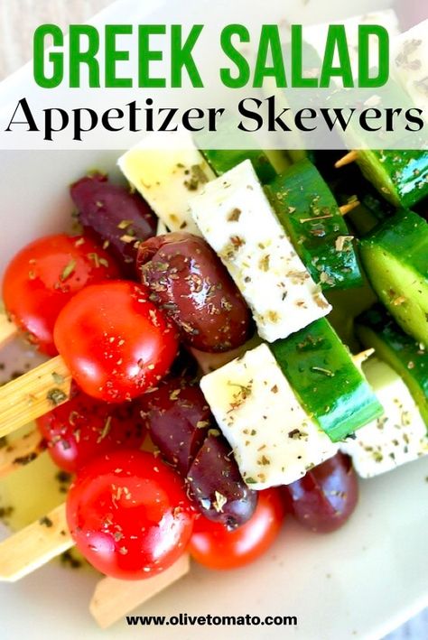 Greek Salad Skewers | Olive Tomato Salad Kabobs, Appetizer Skewers, Tomato Skewers, Salad Skewers, Olive Tomato, Greek Appetizers, Skewer Appetizers, Veggie Skewers, Kabob Recipes