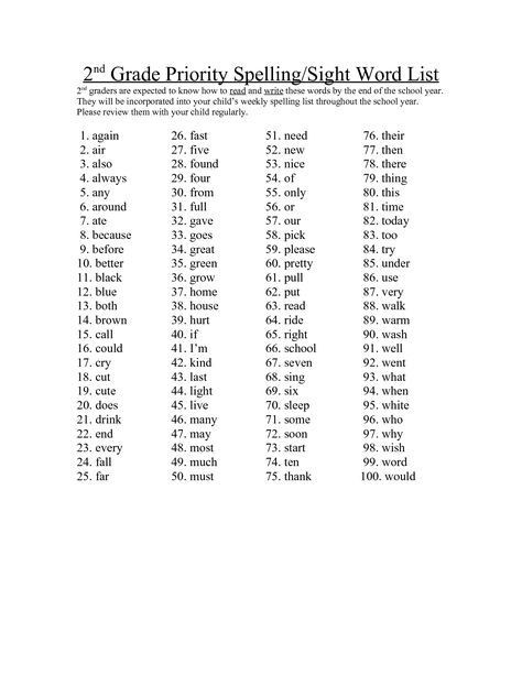 2nd Grade Sight Word List Printable 2nd Grade Spelling Words List, 4th Grade Spelling Words, 5th Grade Spelling Words, Kindergarten Spelling Words, 3rd Grade Spelling Words, 5th Grade Spelling, 4th Grade Spelling, Kindergarten Spelling, 1st Grade Spelling