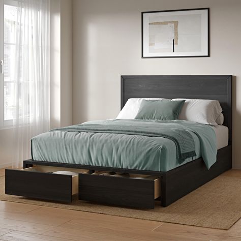 PRICES MAY VARY. CLEAN LINES AND MITERED CORNERS - Keep it simple, keep it sleek. The DG Casa Colten Queen Storage bed makes clean lines and sharp design look oh so fine! The all-wood black glaze of this storage bed with headboard brings out the best of simplicity through expert craftsmanship. STRATEGIC STORAGE BED – The two storage drawers on the footboard of this queen size bed frame provide ample space to hold all your extras. Shoes, slippers, pjs, bed linens, or extra chargers for when your Simple Bed Ideas Woods, Bedroom With Black Bedframe, Black Wooden Furniture Bedroom, Simple Bed Frame With Storage, Simple Bed Design Modern, Bedroom Sets Modern, Wooden Bed Frame With Storage, Black Wood Bed Frame, Black Wooden Bed