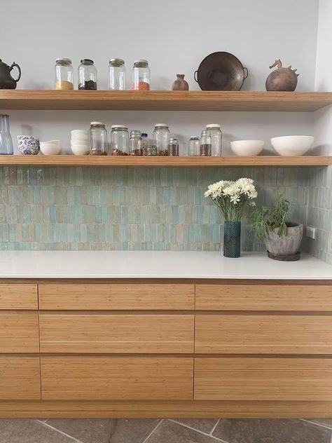 Green Splashback, Tiles Of Ezra, Kitchen Splash Back, Kitchen Splashback Tiles, Kitchen 2024, Kitchen Cupboard Designs, Basement Kitchen, Farmhouse Kitchens, Budget Kitchen