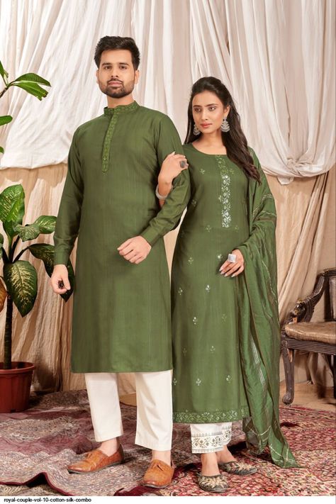 Couples Men and Women’s Complimenting Outfit with Mens Kurta Pajama and a Women’s Kurti Green Couples Outfit, Frock Designs For Women, Kurti With Pants, Celana Fashion, Pants Collection, Royal Couple, Couples Outfit, Couple Dress, Men Fashion Casual Shirts