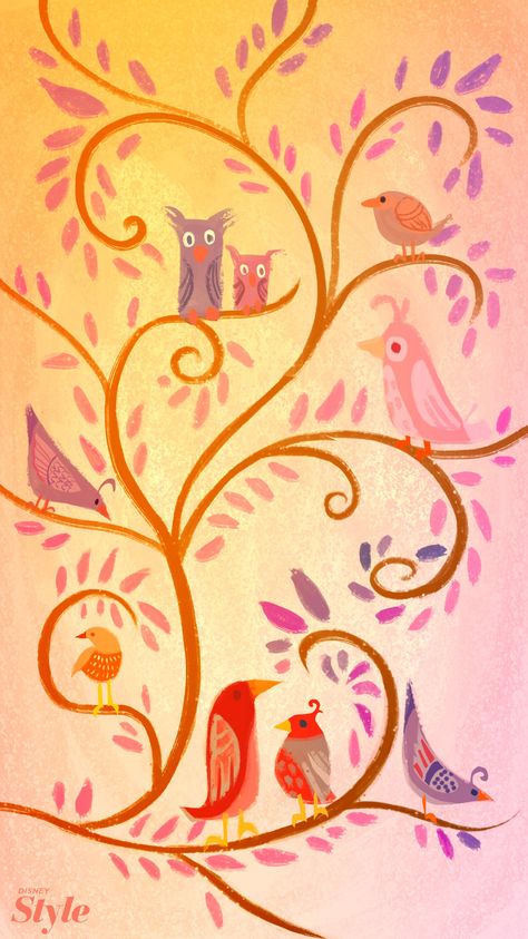 Rapunzel tangled wallpaper of birds and owls in a tree, whimsical, warm colored, simple Disney Backgrounds, Disney Fall, Gif Disney, Disney Background, Disney Iphone, World Wallpaper, Disney Rapunzel, Tangle Art, Pinturas Disney