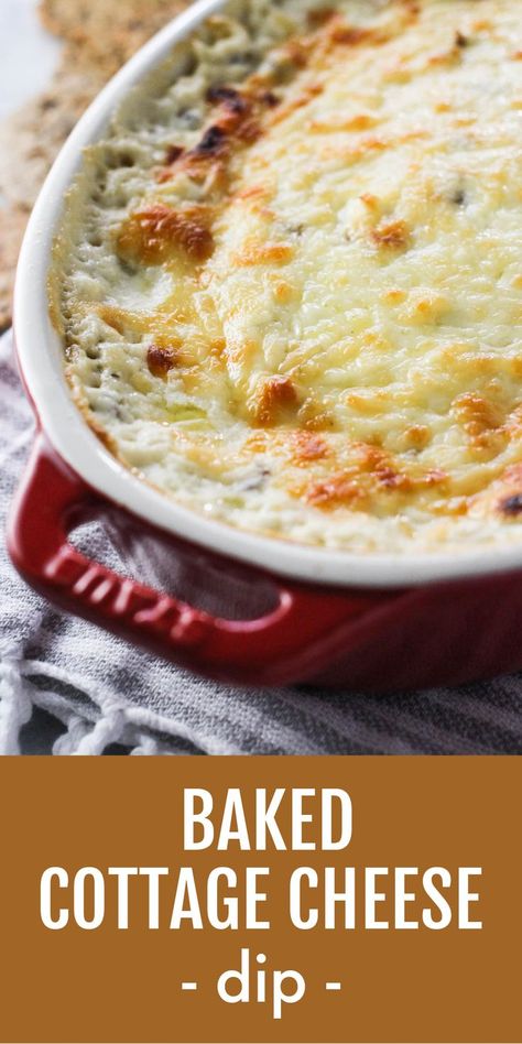 Baked cottage cheese dip in a red baking dish. Below the image, there is a text overlay saying: baked cottage cheese dip.